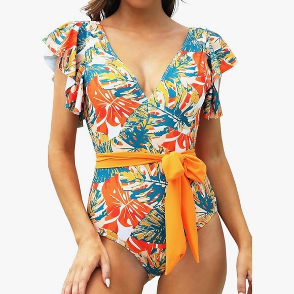 Other - 235 NWT Binlowis V Neck Ruffle One Piece Swimsuit NO BELT - Size: Medium